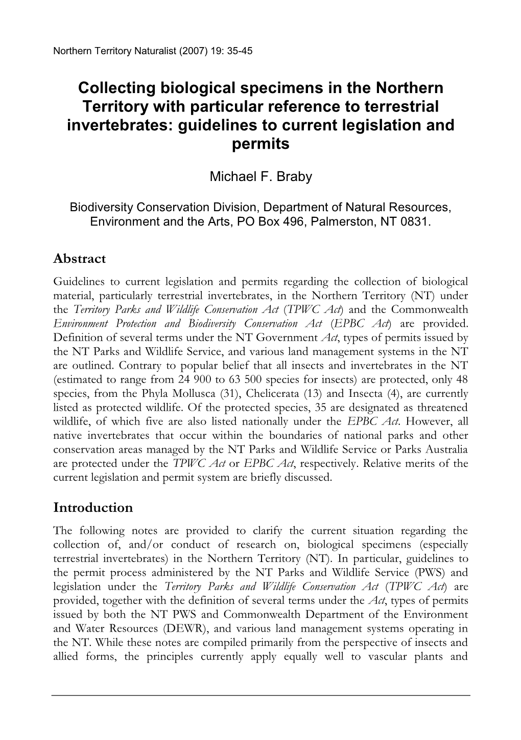 Collecting Biological Specimens in the Northern Territory with Particular Reference to Terrestrial Invertebrates: Guidelines to Current Legislation and Permits