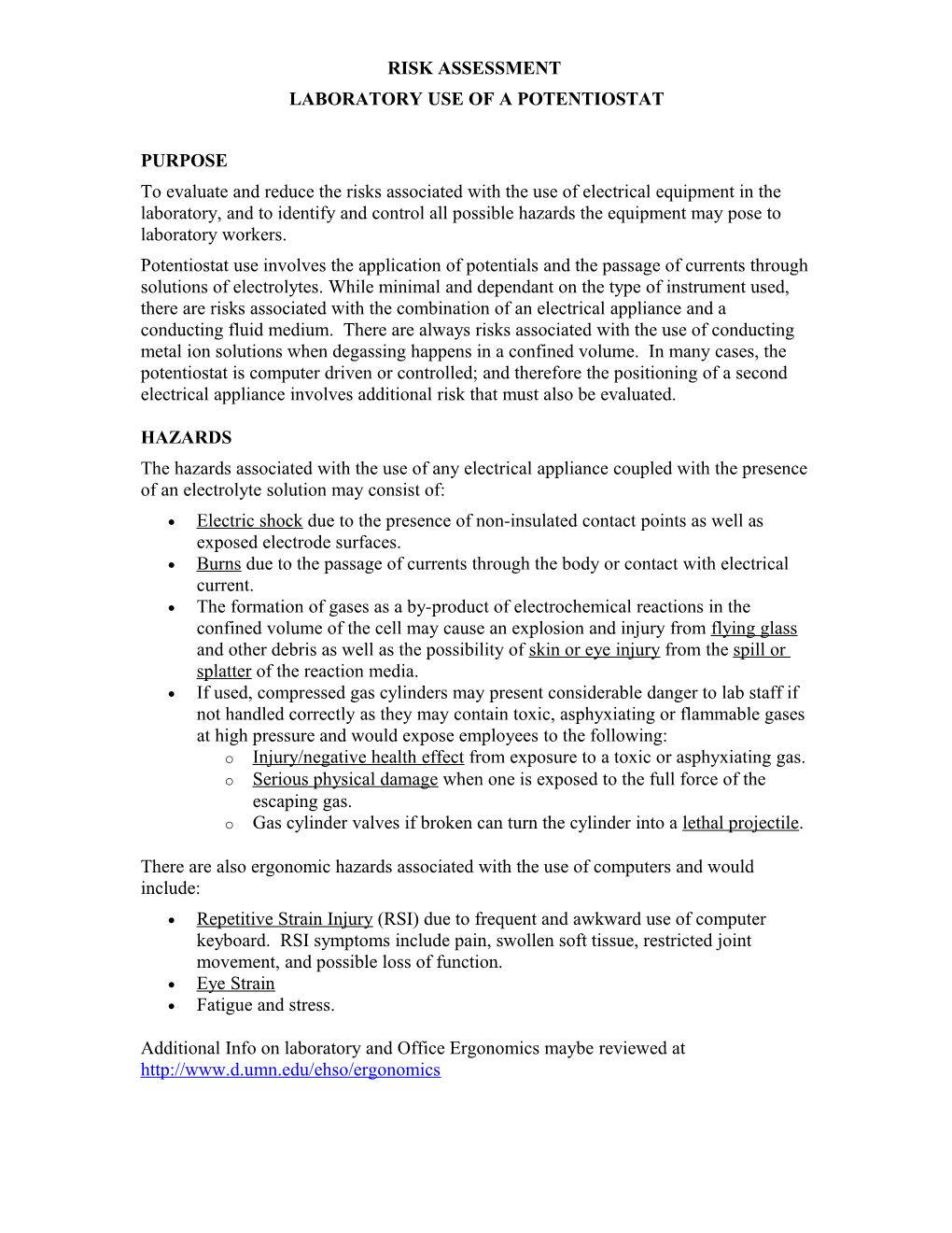 Risk Assessment: for the Use of a Potentiostat