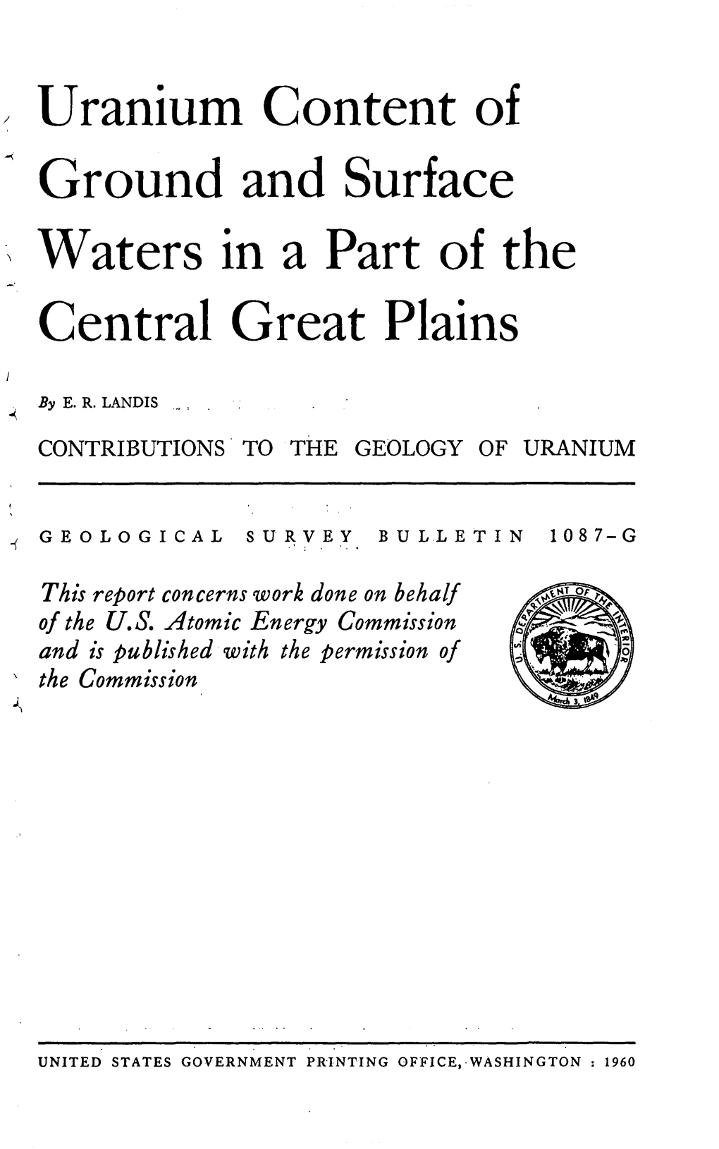 Uranium Content of Ground and Surface Waters in a Part of the Central Great Plains