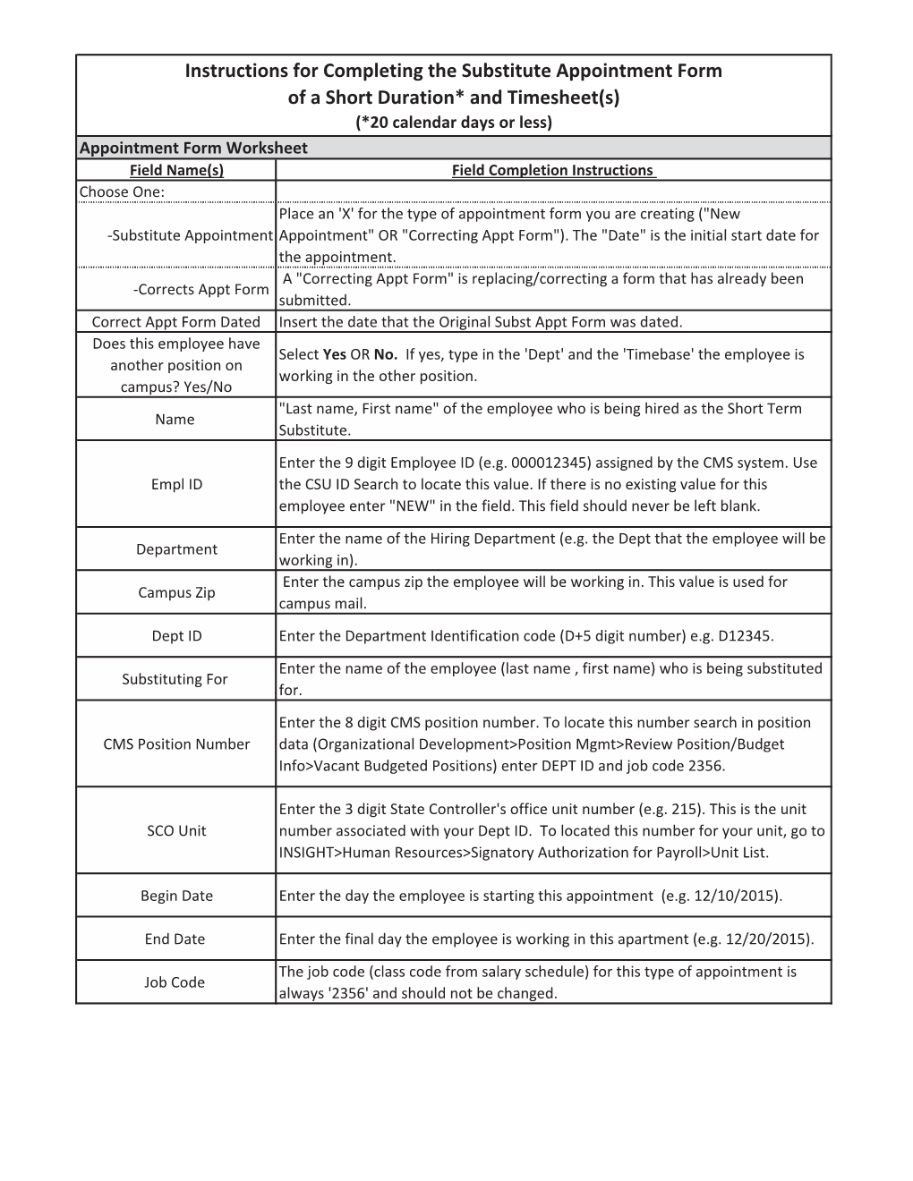 Instructions for Substitute Appointment