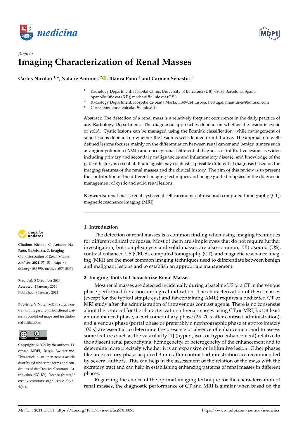 Imaging Characterization of Renal Masses