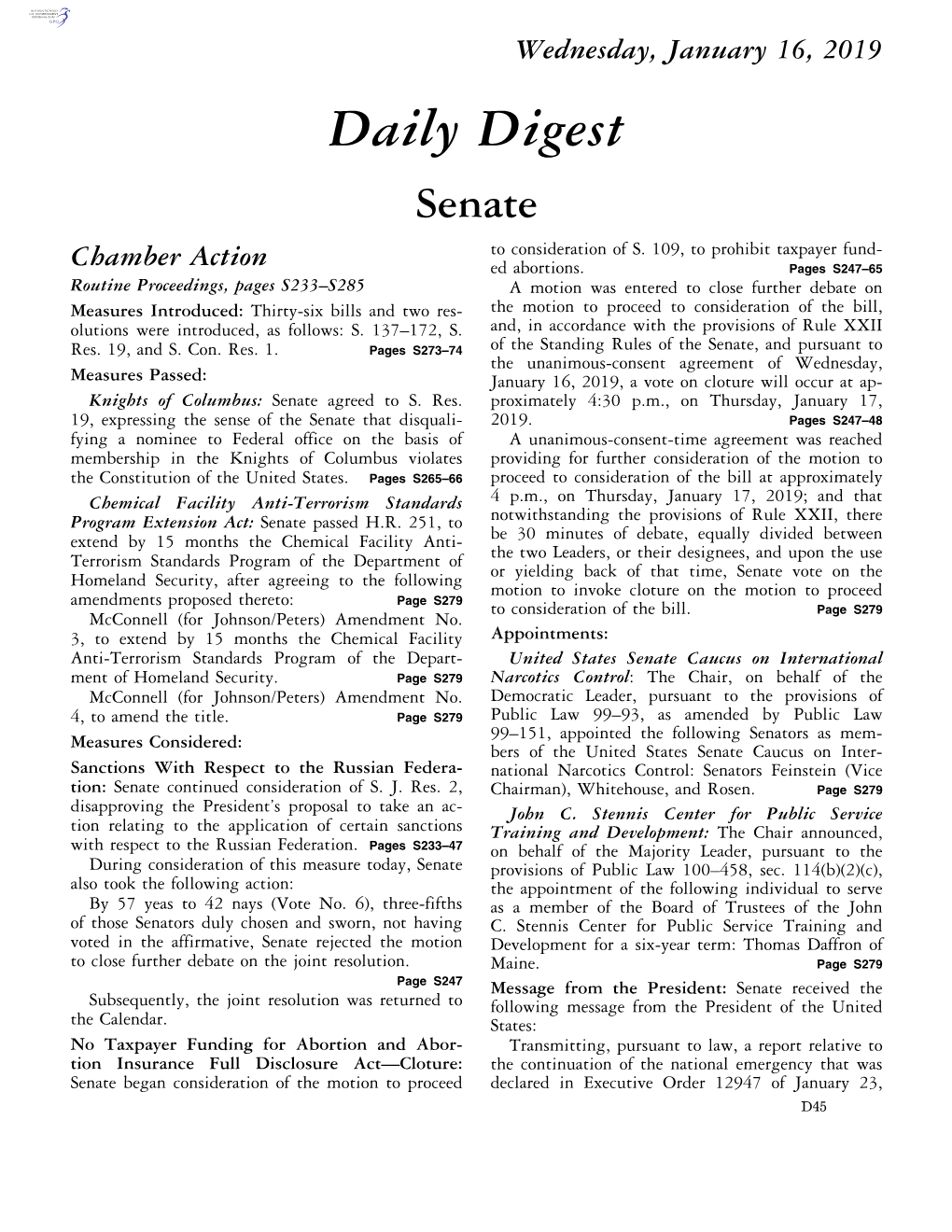 Daily Digest Senate to Consideration of S