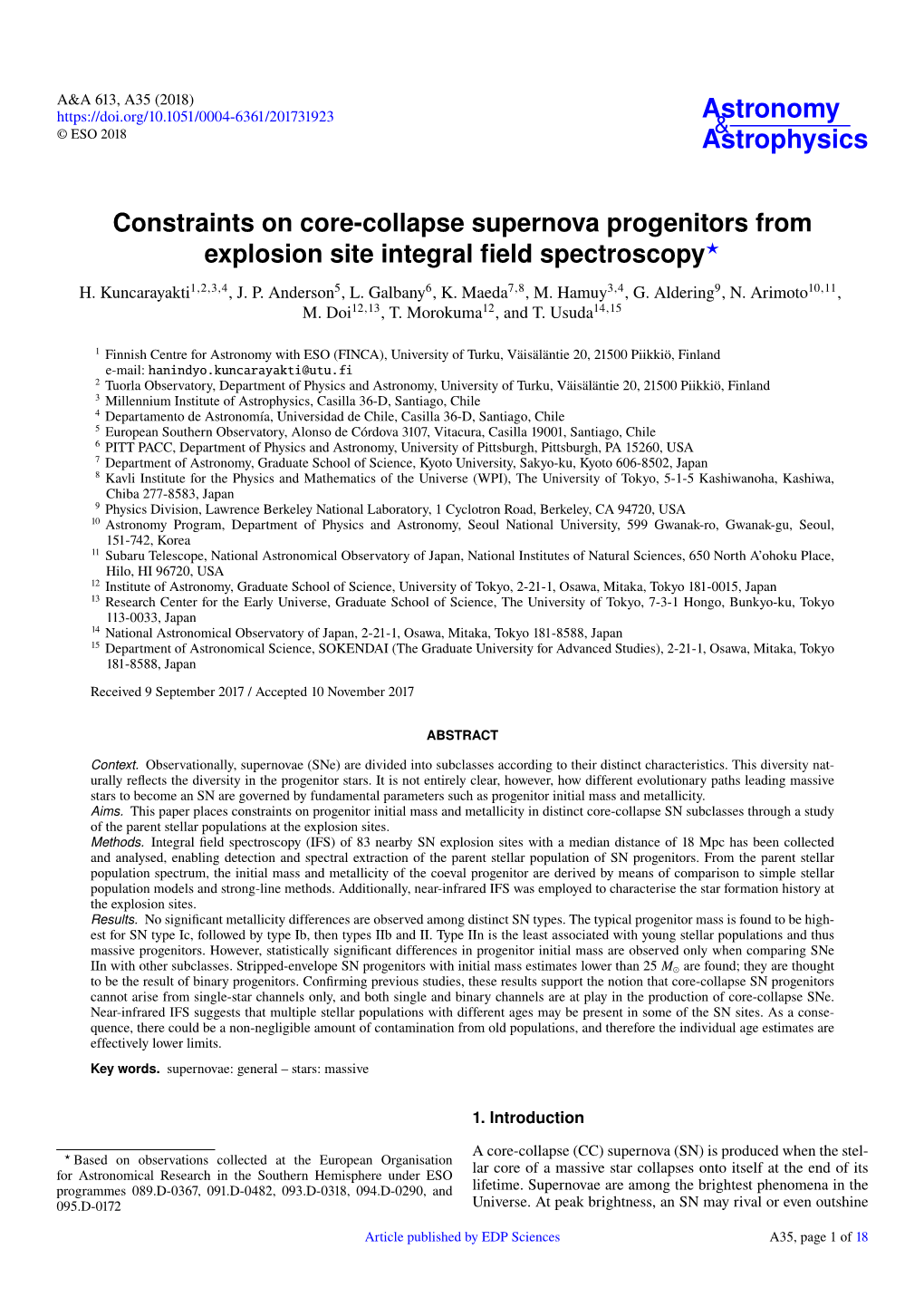 Constraints on Core-Collapse Supernova Progenitors from Explosion Site Integral ﬁeld Spectroscopy? H