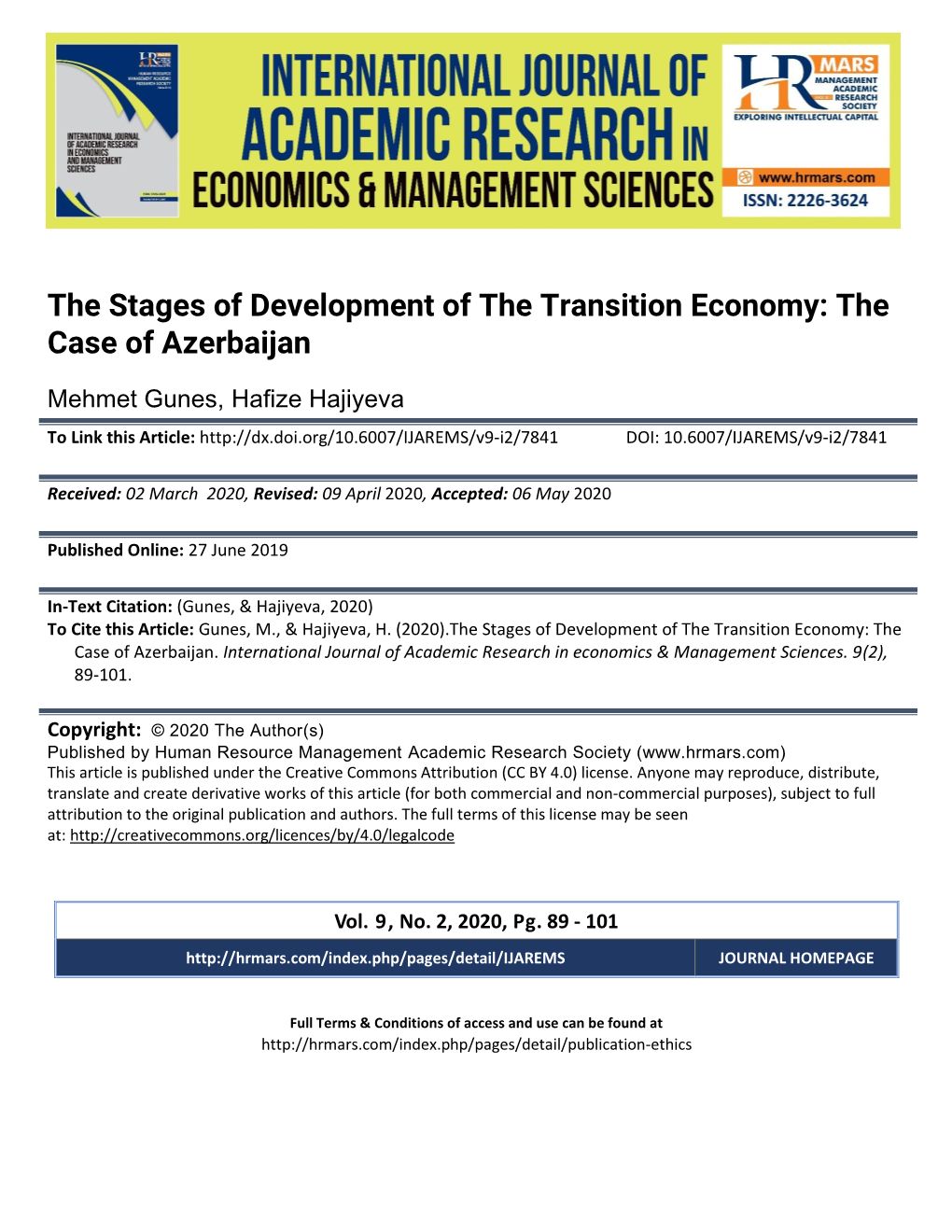 The Stages of Development of the Transition Economy: the Case of Azerbaijan