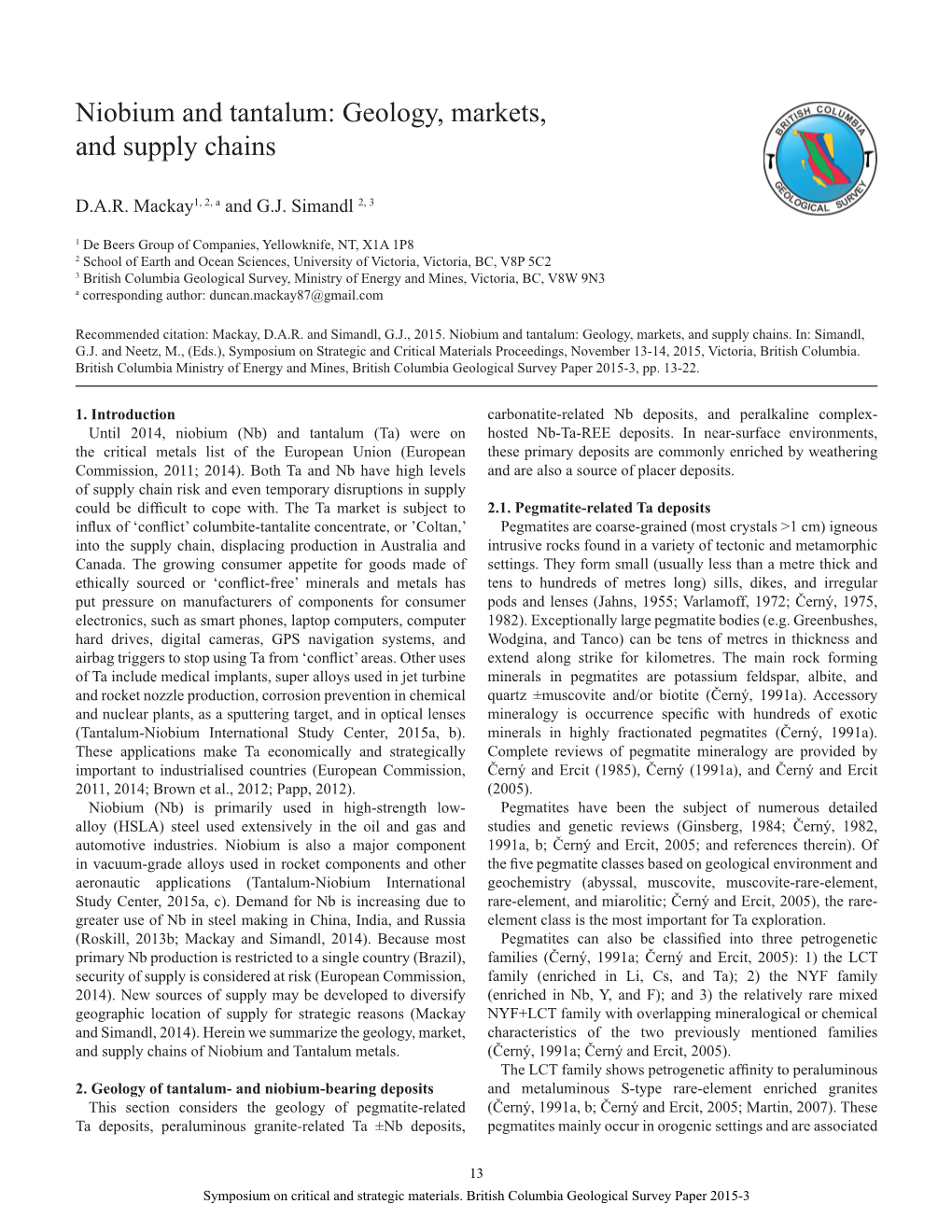 Niobium and Tantalum: Geology, Markets, and Supply Chains