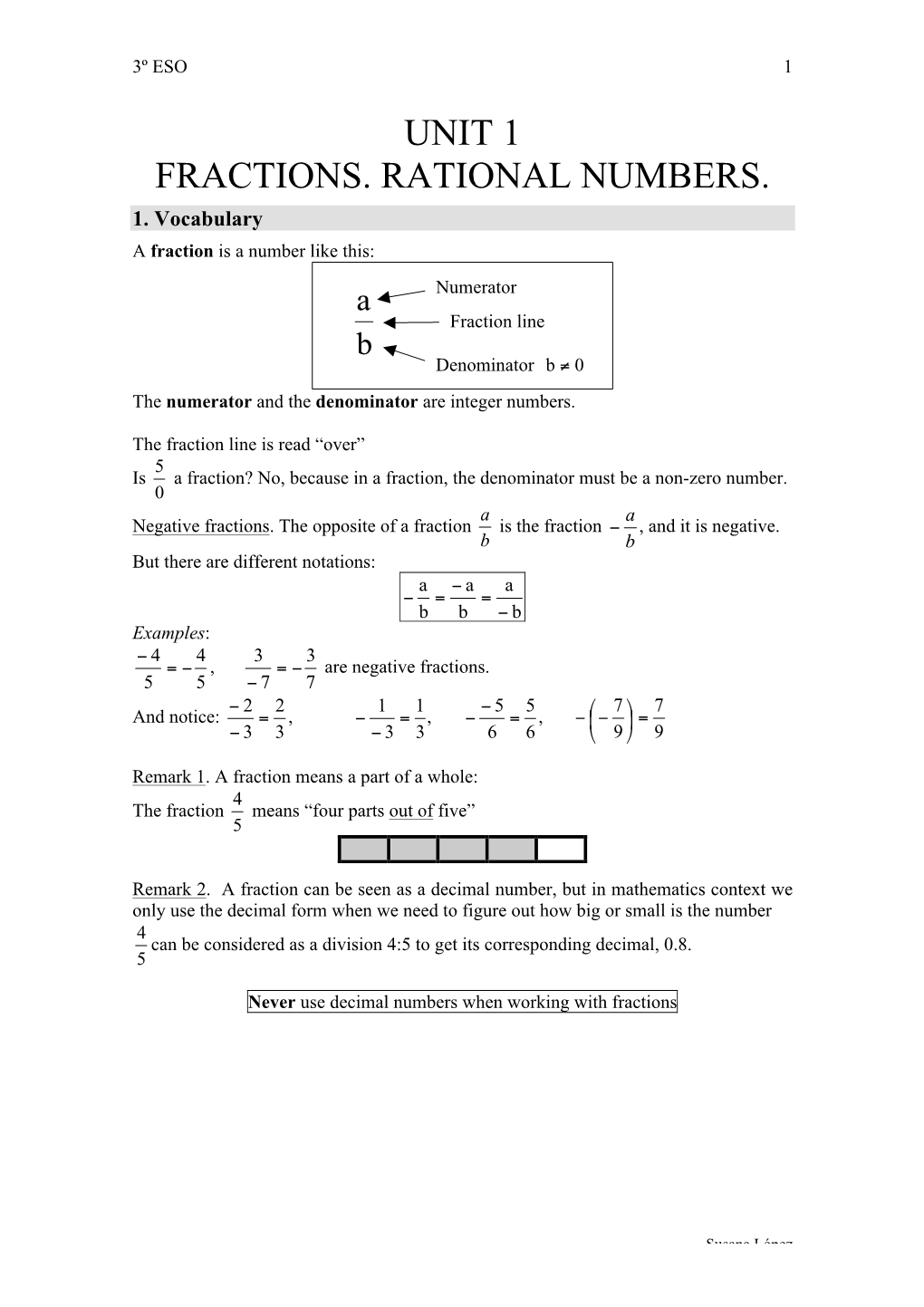 Unit 1 Fractions. Rational Numbers. 1