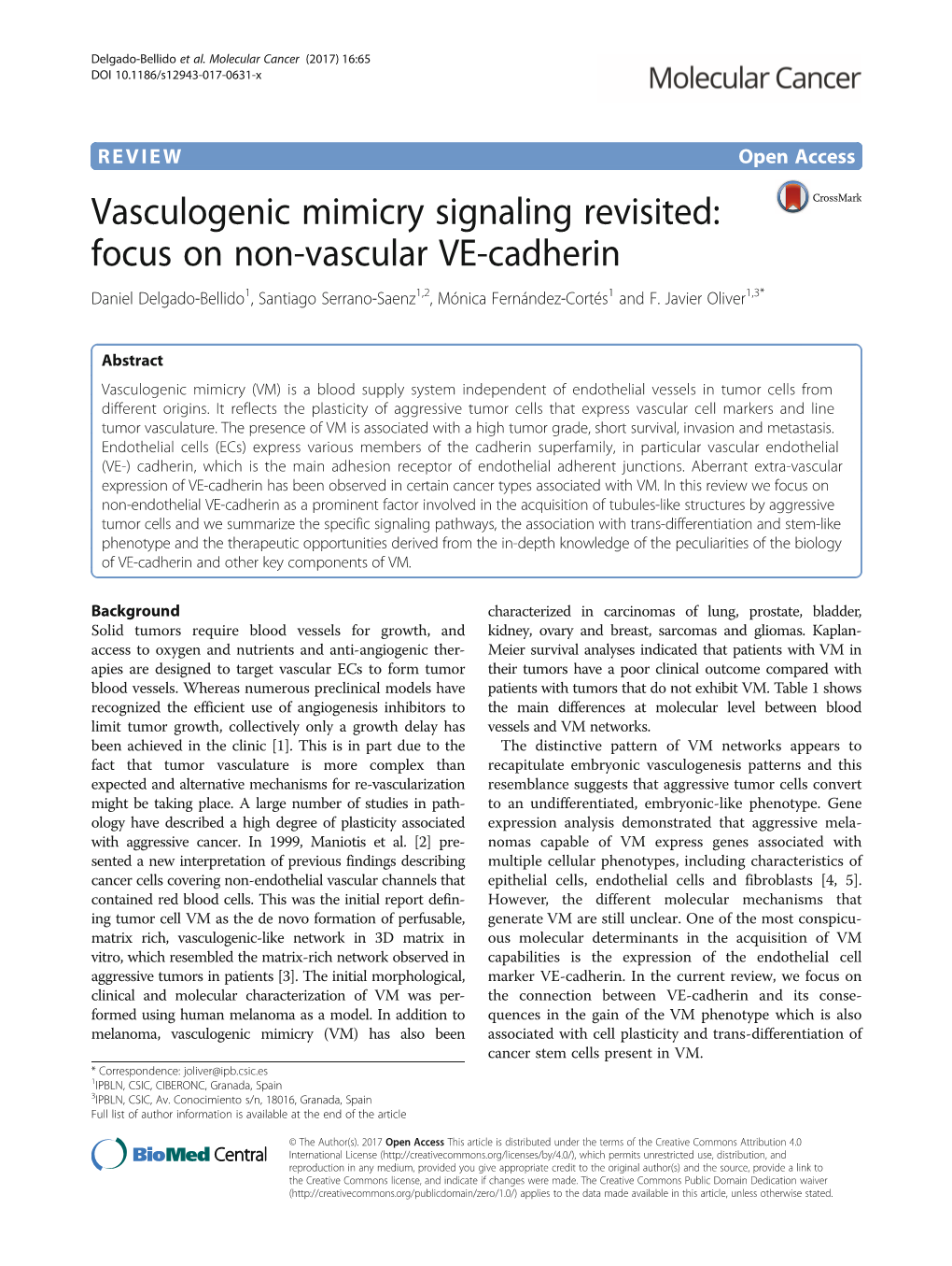 Vasculogenic Mimicry Signaling Revisited: Focus on Non-Vascular VE-Cadherin Daniel Delgado-Bellido1, Santiago Serrano-Saenz1,2, Mónica Fernández-Cortés1 and F