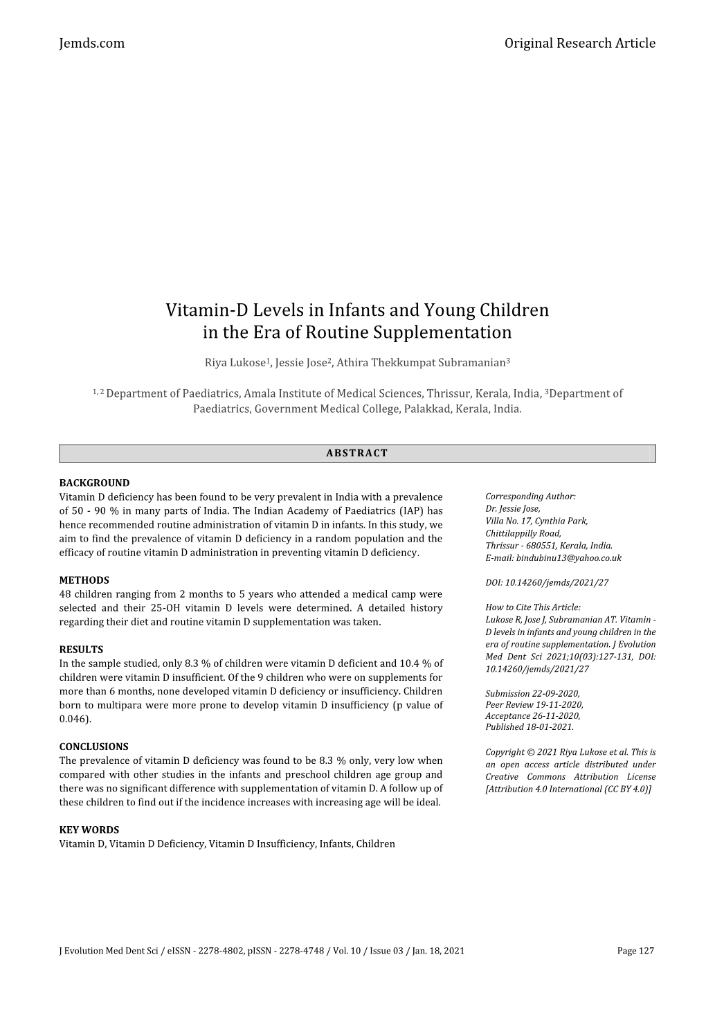 Vitamin-D Levels in Infants and Young Children in the Era of Routine Supplementation