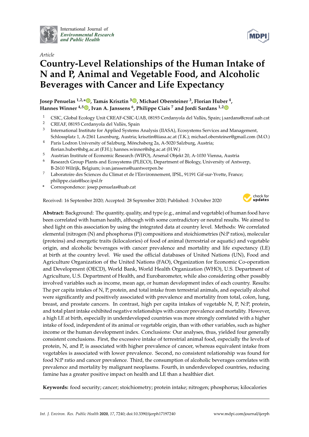 Country-Level Relationships of the Human Intake of N and P, Animal and Vegetable Food, and Alcoholic Beverages with Cancer and Life Expectancy