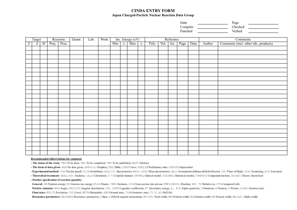 CINDA ENTRY FORM Japan Charged-Particle Nuclear Reaction Data Group