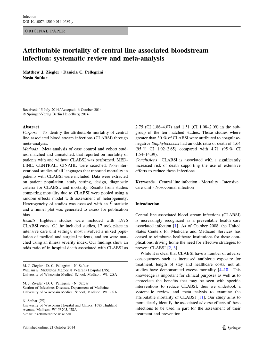 Attributable Mortality of Central Line Associated Bloodstream Infection: Systematic Review and Meta-Analysis