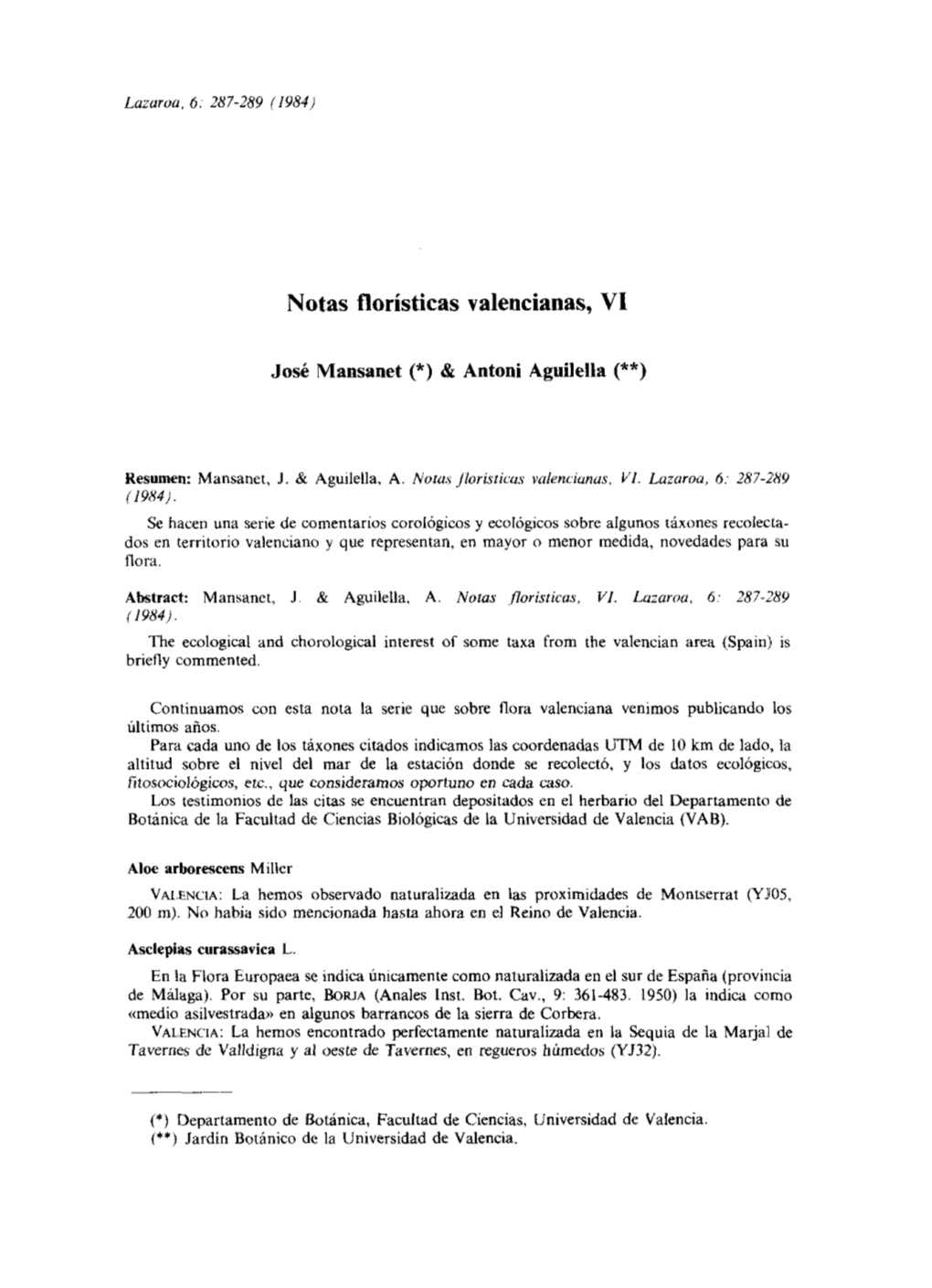 Notas Floristicas Valencianas, VI