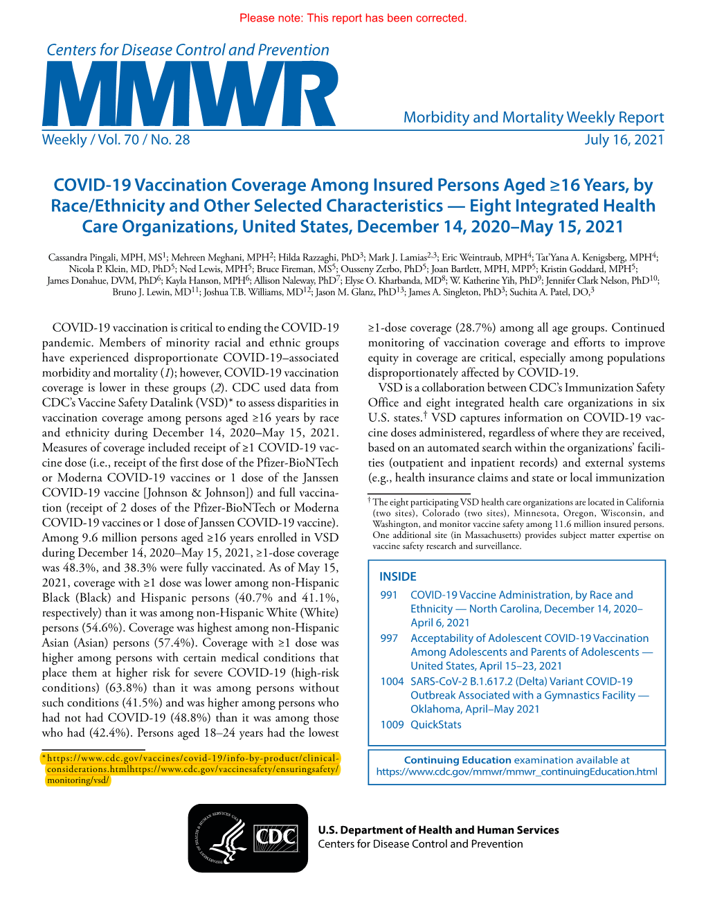 MMWR, Volume 70, Issue 28 — July 16, 2021