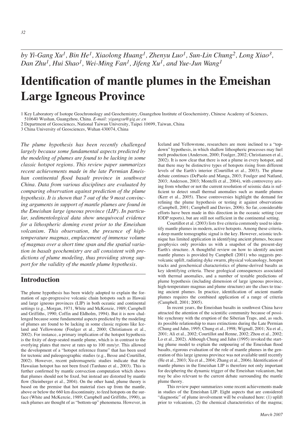 Identification of Mantle Plumes in the Emeishan Large Igneous Province