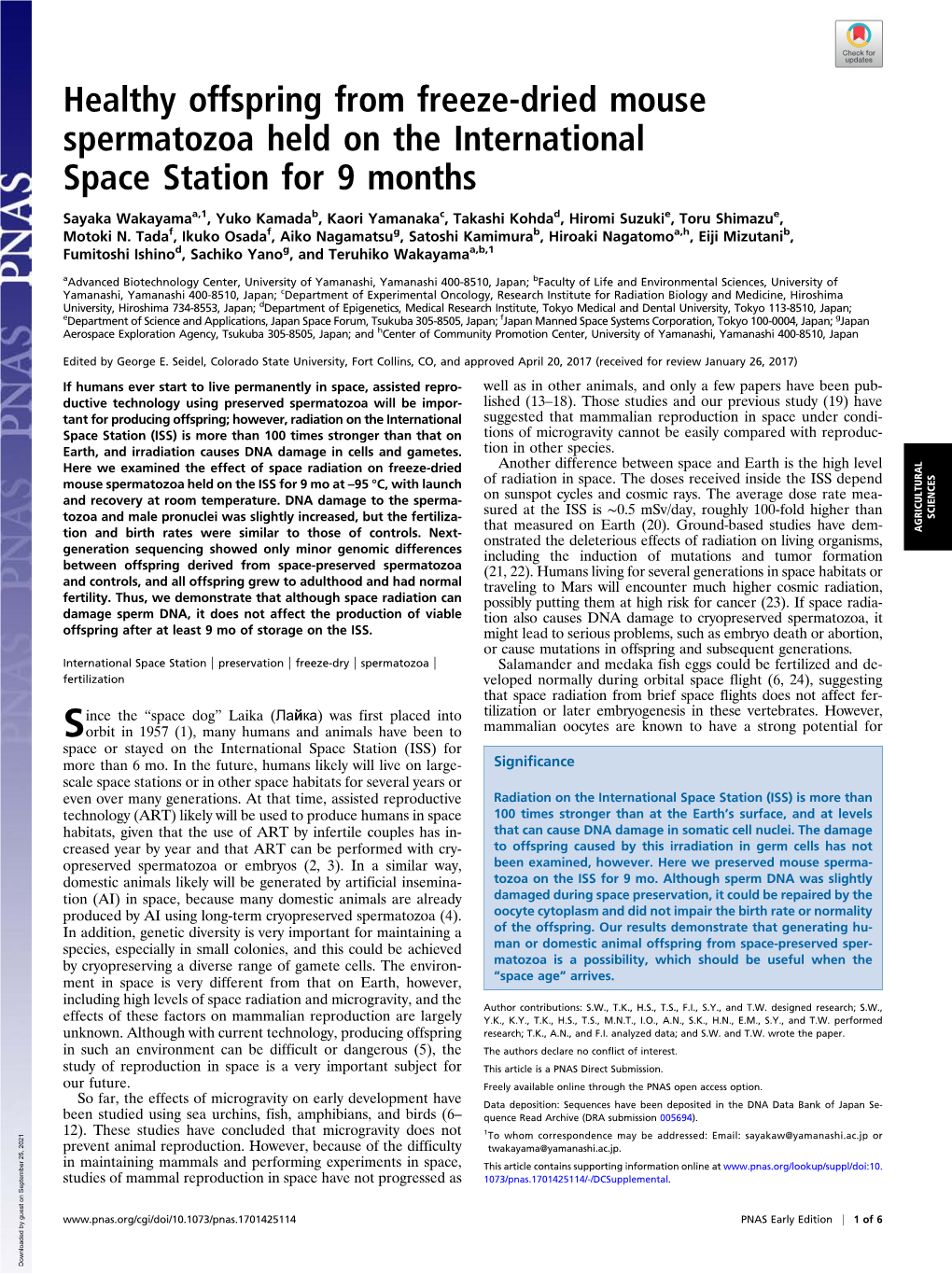 Healthy Offspring from Freeze-Dried Mouse Spermatozoa Held on the International Space Station for 9 Months