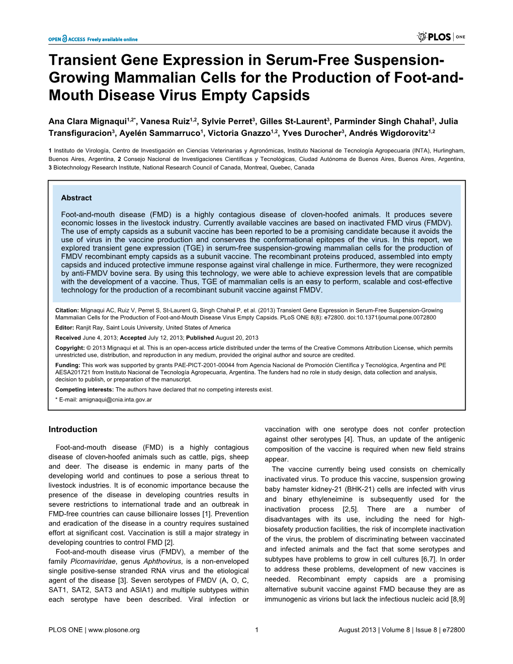 Transient Gene Expression in Serum-Free Suspension- Growing Mammalian Cells for the Production of Foot-And- Mouth Disease Virus Empty Capsids