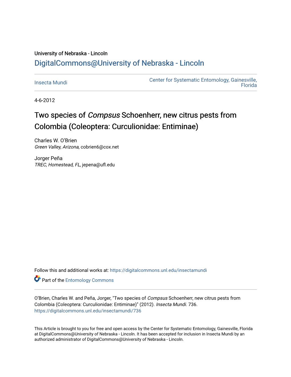 Two Species of &lt;I&gt;Compsus&lt;/I&gt; Schoenherr, New Citrus Pests from Colombia (Coleoptera: Curculionidae: Entiminae)