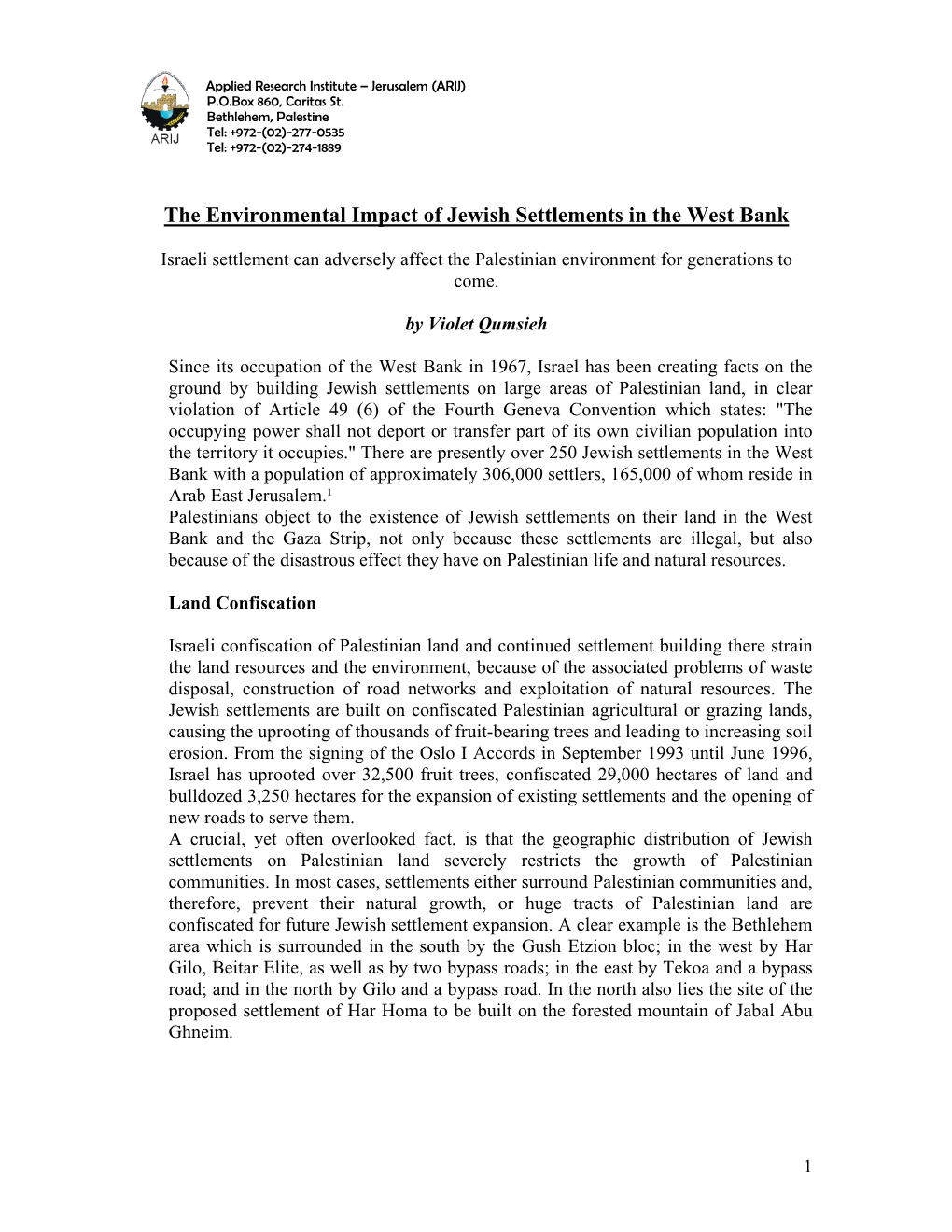 The Environmental Impact of Jewish Settlements in the West Bank