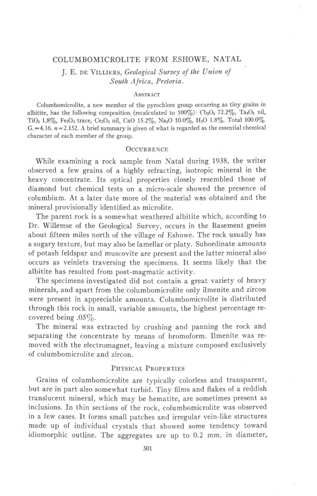 COLUMBOMICROLITE from ESHOWE, NATAL J. E. Ne Vttttrns, Geologicalsuruey of the Union of South Africa, Preloria