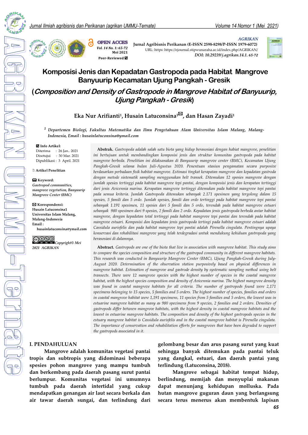 Composition and Density of Gastropode in Mangrove Habitat of Banyuurip, Ujung Pangkah - Gresik