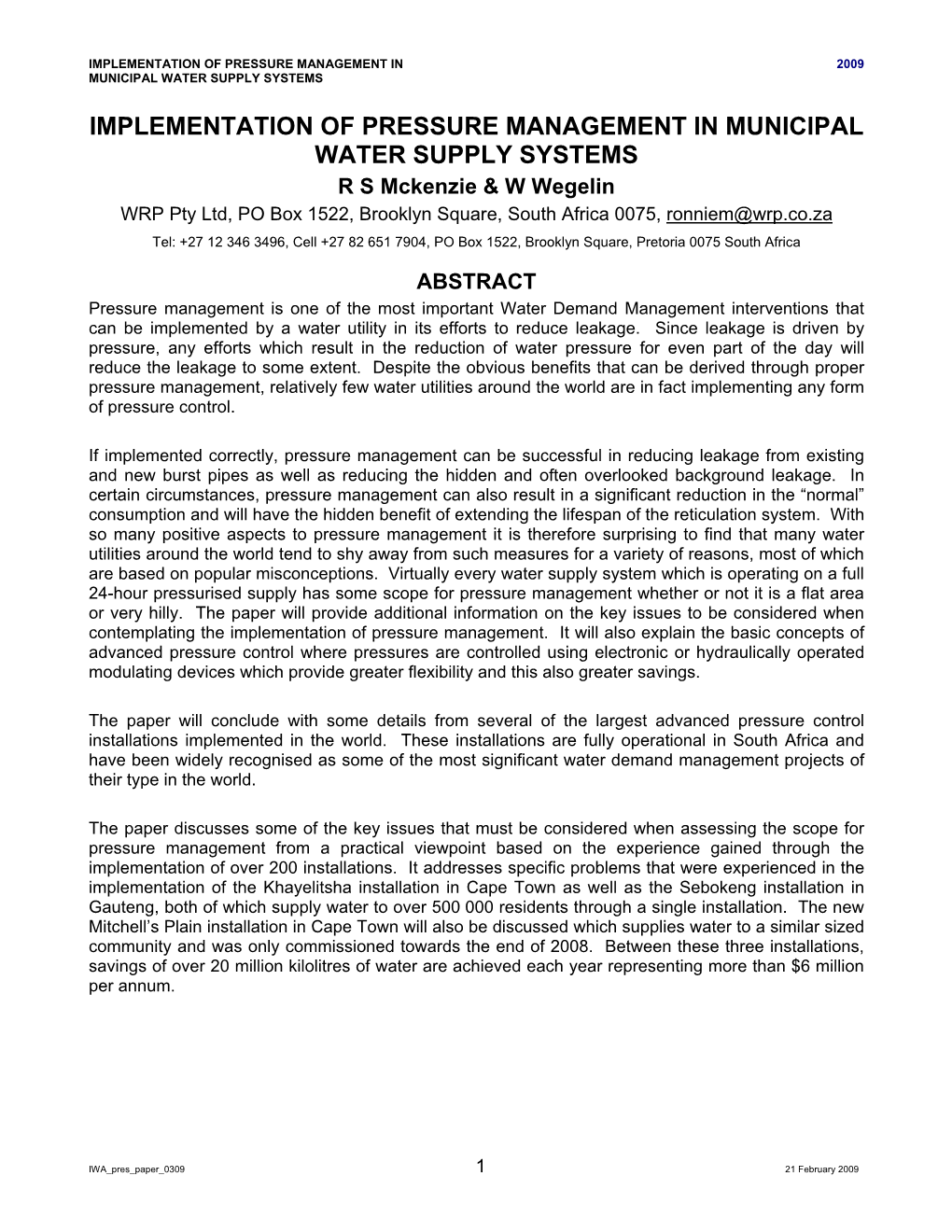 Implementation of Pressure Management in Municipal Water Supply Systems