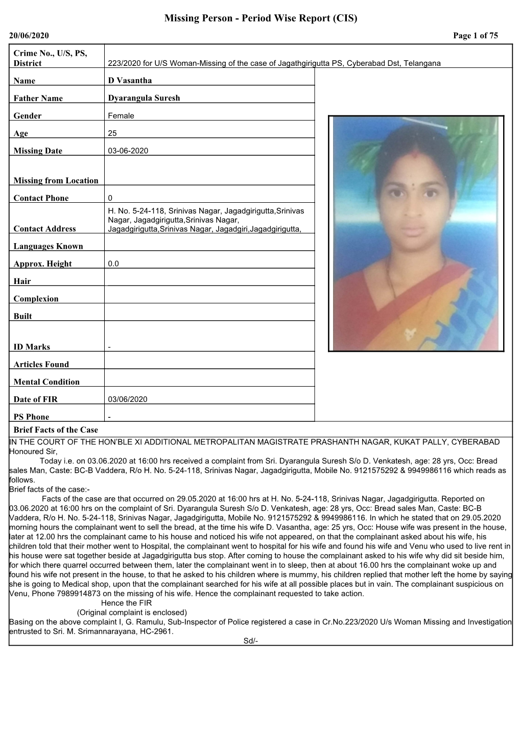 Missing Person - Period Wise Report (CIS) 20/06/2020 Page 1 of 75