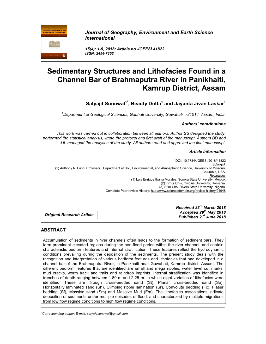 Sedimentary Structures and Lithofacies Found in a Channel Bar of Brahmaputra River in Panikhaiti, Kamrup District, Assam