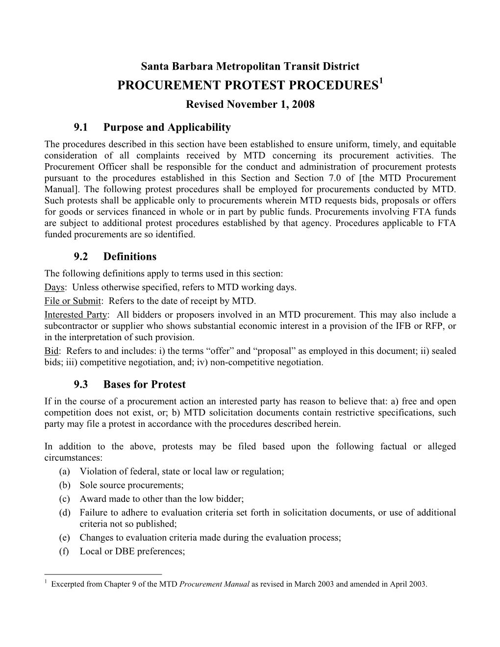 PROCUREMENT PROTEST PROCEDURES1 Revised November 1, 2008
