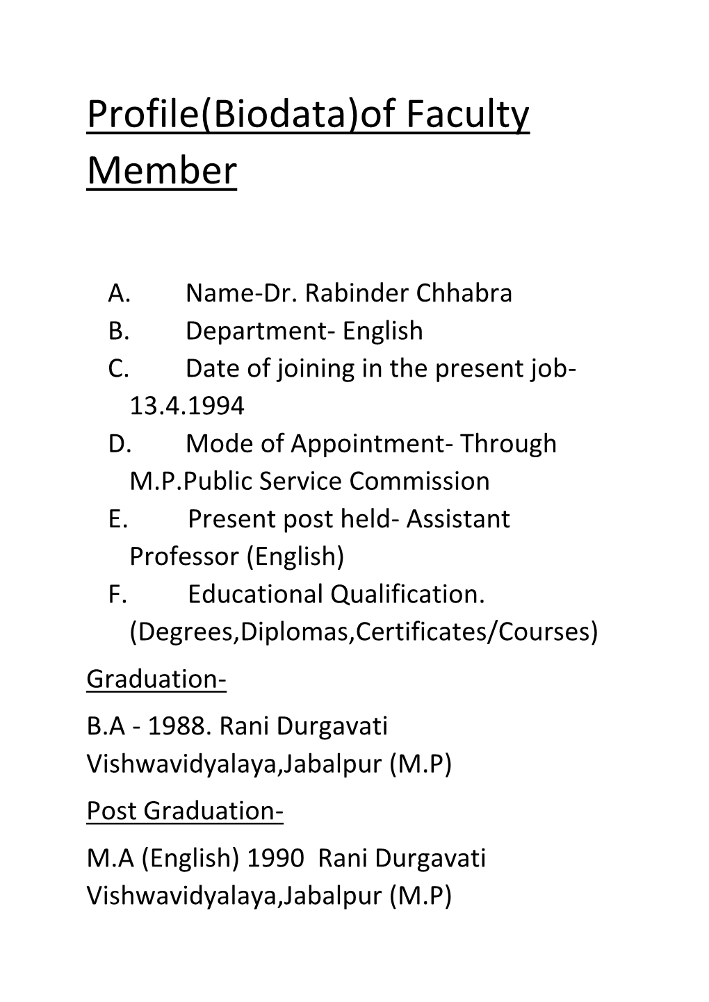 Profile(Biodata)Of Faculty Member