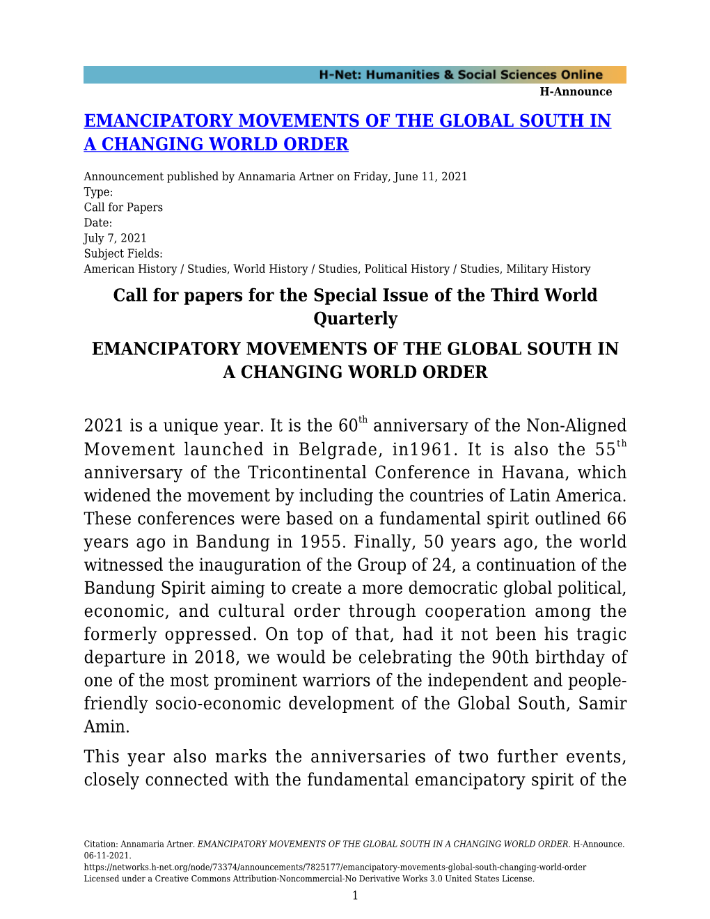 Emancipatory Movements of the Global South in a Changing World Order