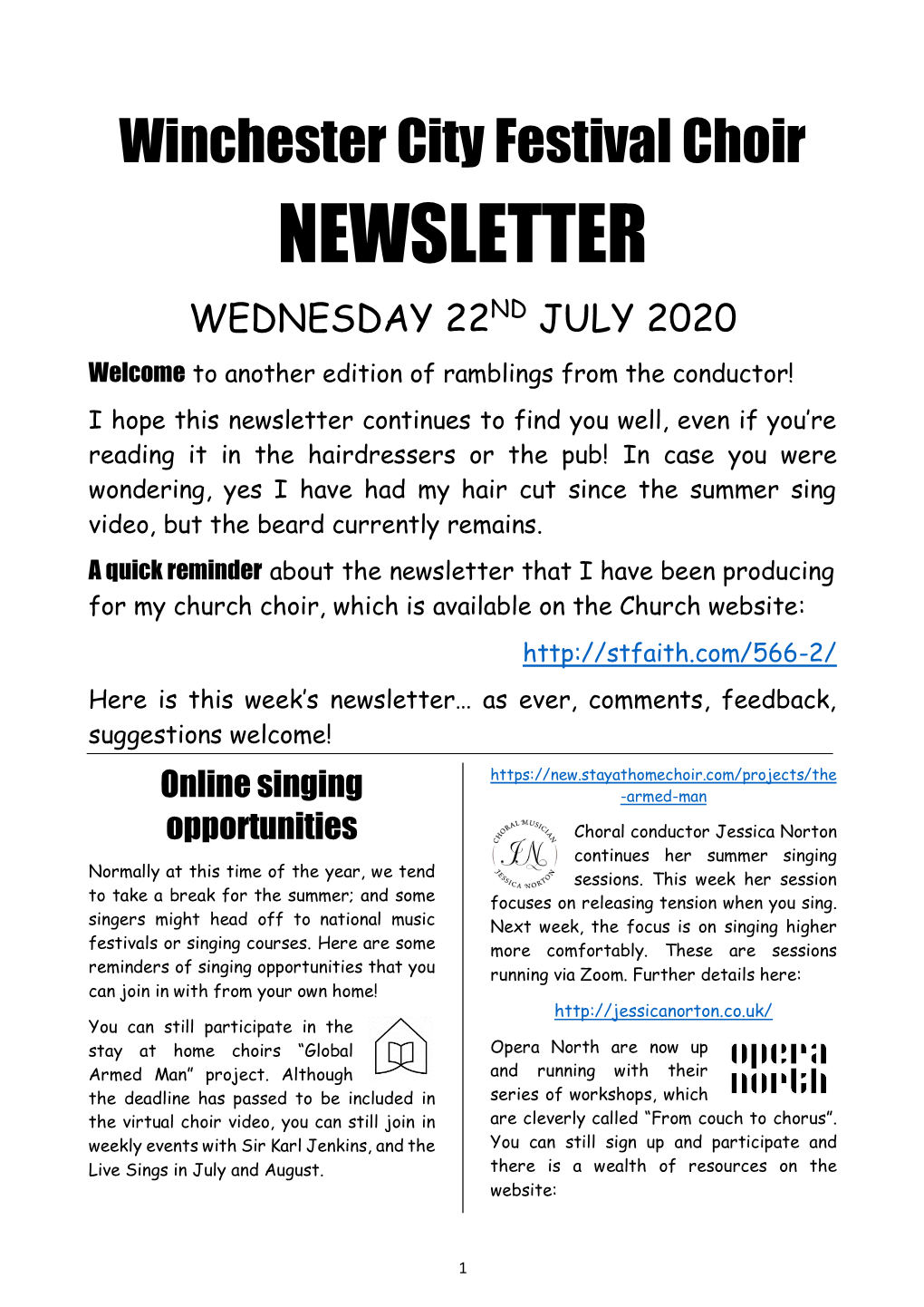 Newsletter Wednesday 22Nd July 2020