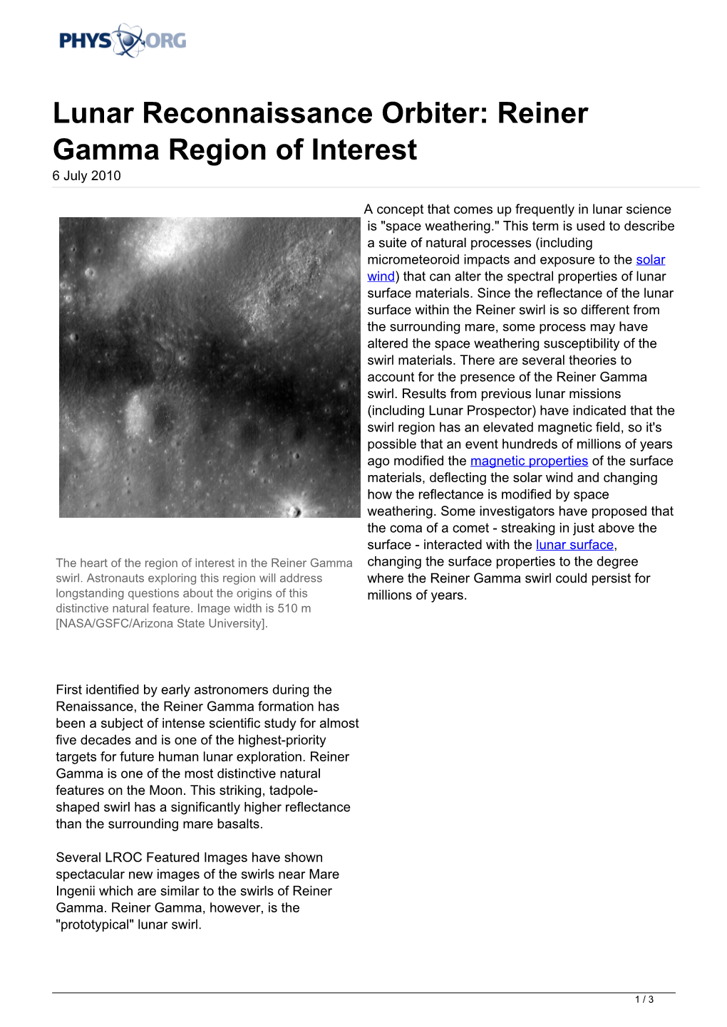 Lunar Reconnaissance Orbiter: Reiner Gamma Region of Interest 6 July 2010