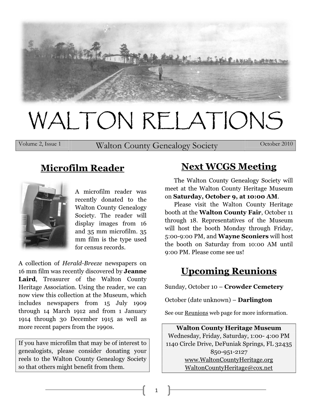 WALTON RELATIONS Volume 2, Issue 1 Walton County Genealogy Society October 2010