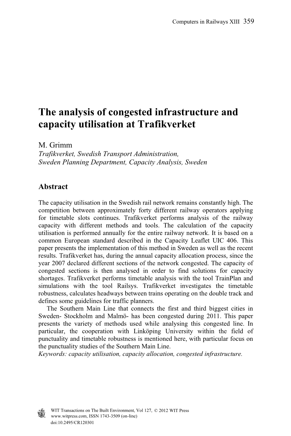 The Analysis of Congested Infrastructure and Capacity Utilisation at Trafikverket