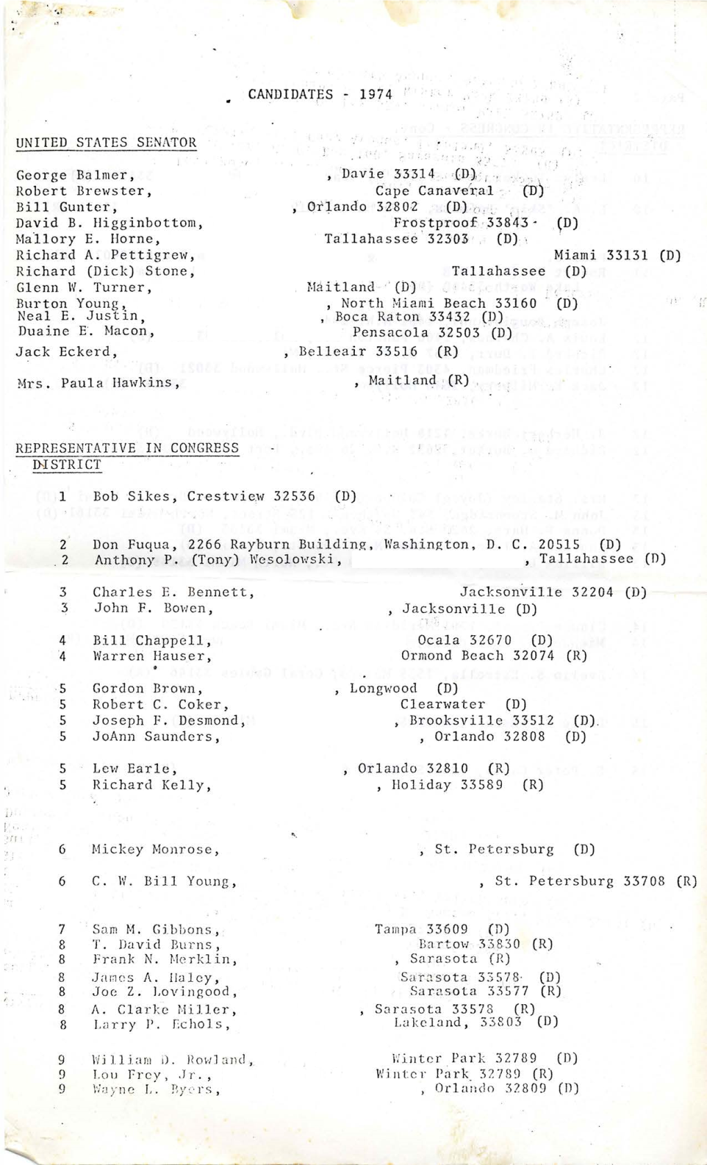 Candidates for the United States Senate, House of Representatives, Florida Senate, House, and Governor. 1974