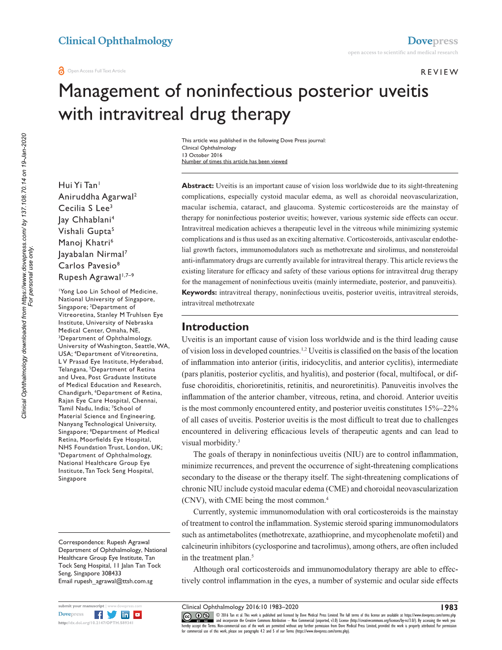Management of Noninfectious Posterior Uveitis with Intravitreal Drug Therapy