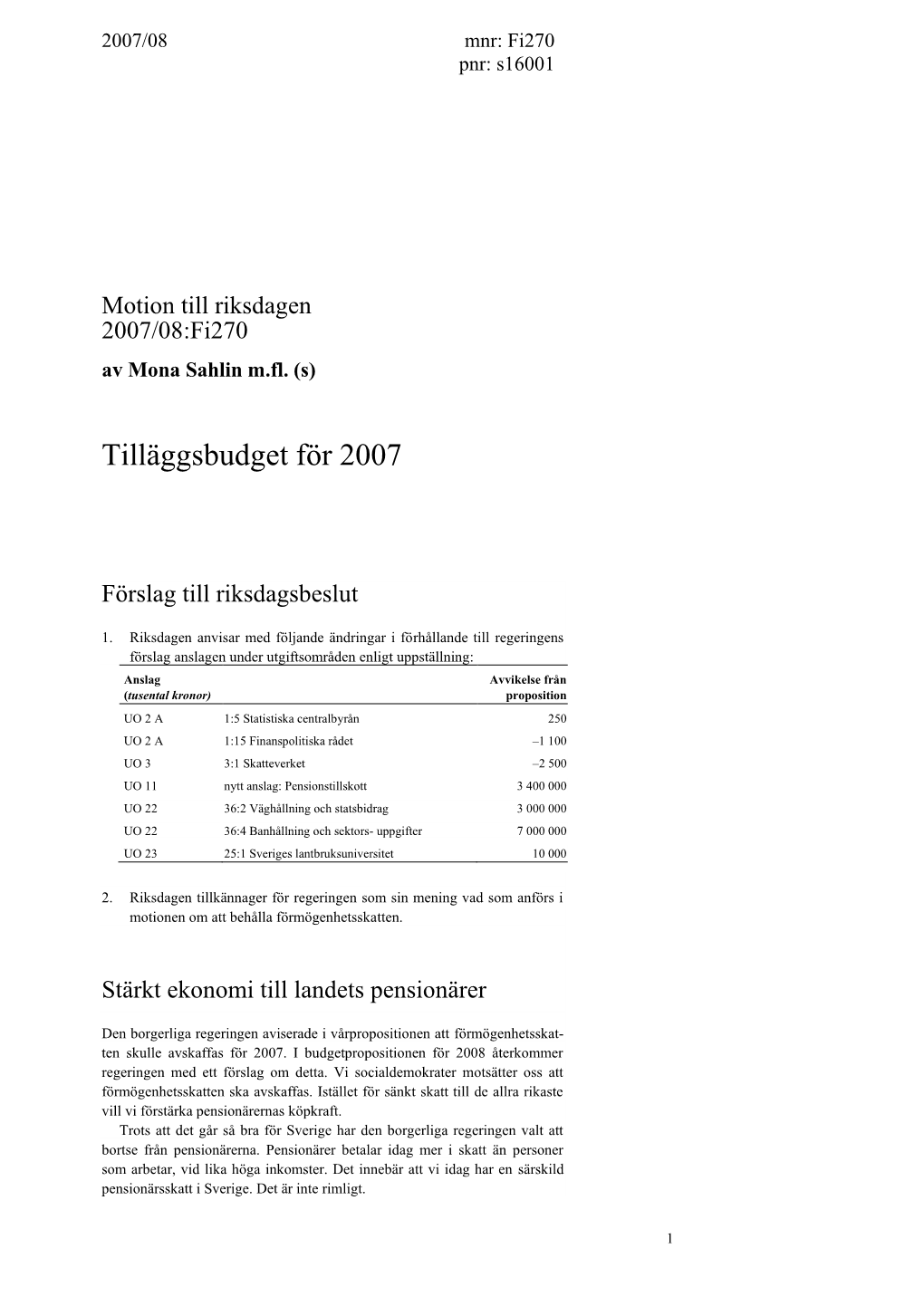 Tilläggsbudget För 2007