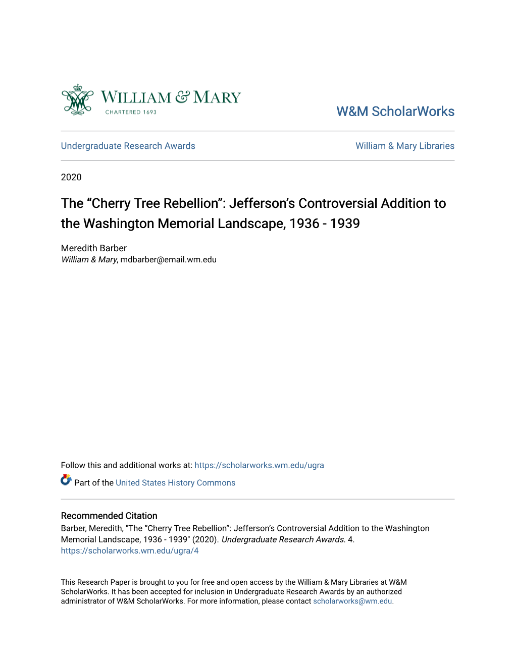 Cherry Tree Rebellion”: Jefferson’S Controversial Addition to the Washington Memorial Landscape, 1936 - 1939