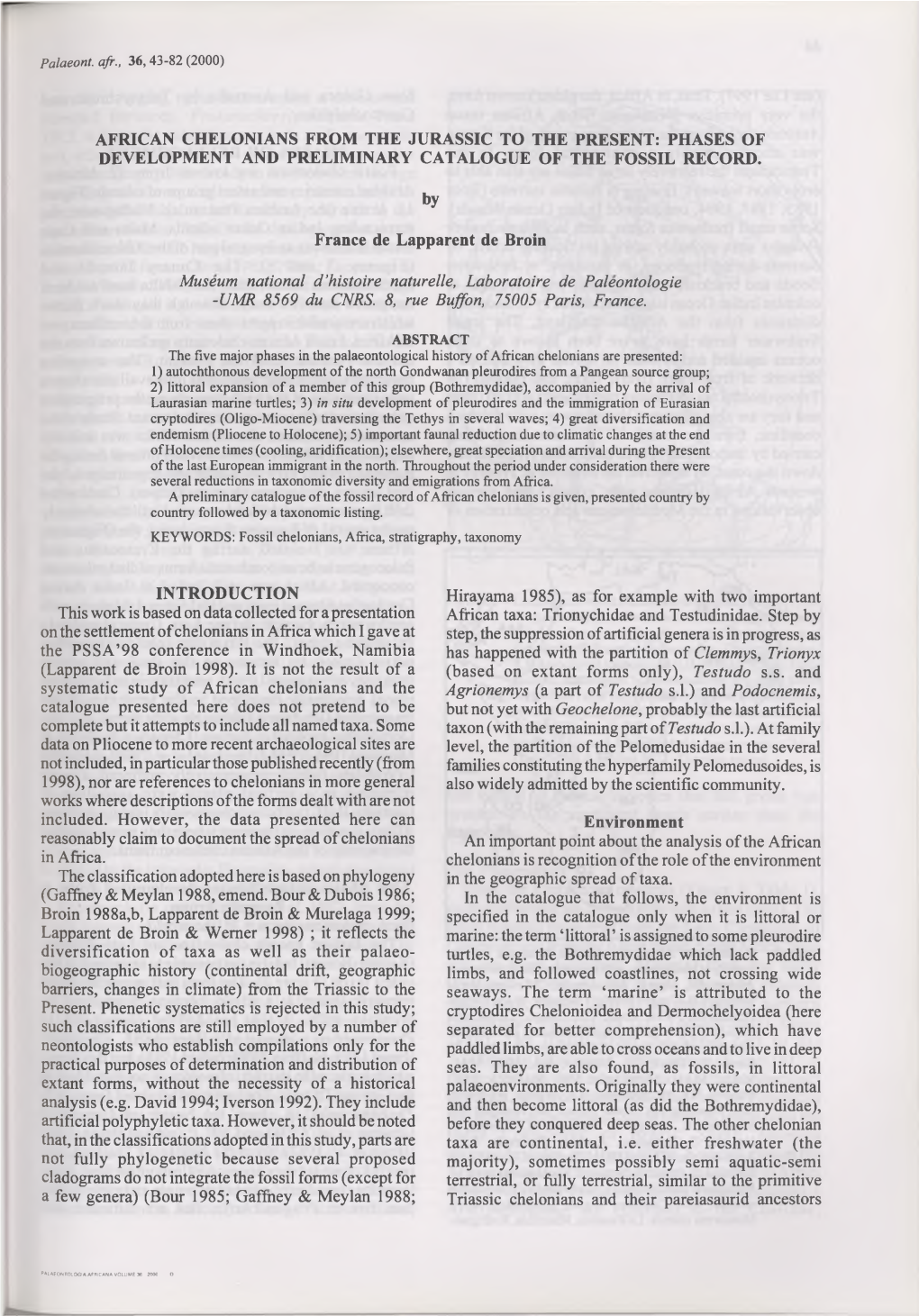 African Chelonians from the Jurassic to the Present: Phases of Development and Preliminary Catalogue of the Fossil Record