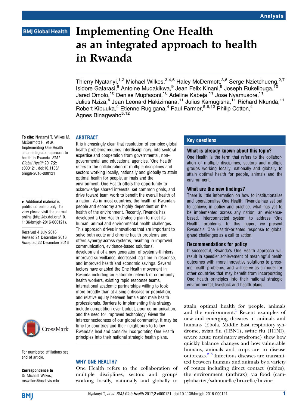 Implementing One Health As an Integrated Approach to Health in Rwanda