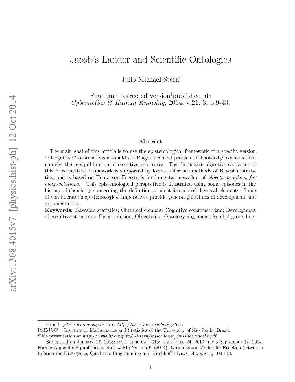 Jacob's Ladder and Scientific Ontologies Arxiv:1308.4015V7