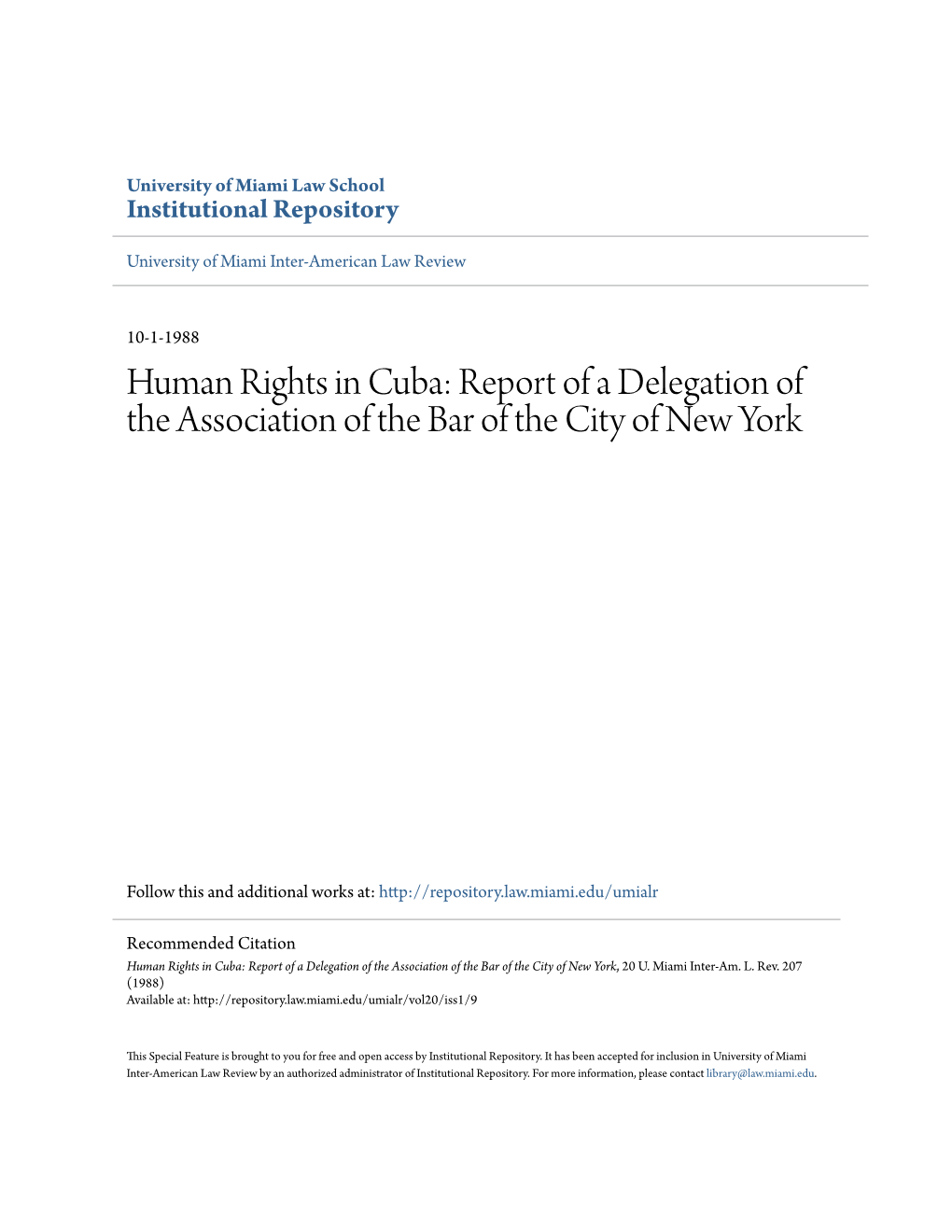 Human Rights in Cuba: Report of a Delegation of the Association of the Bar of the City of New York
