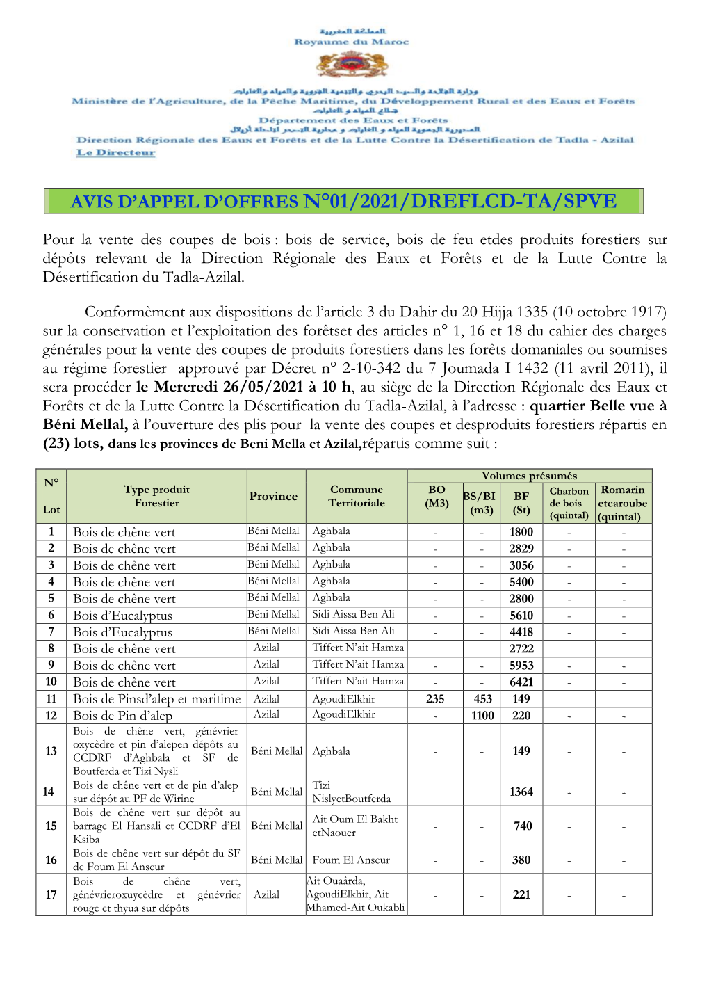 Avis D'appel D'offres N°01/2021/Dreflcd-Ta/Spve