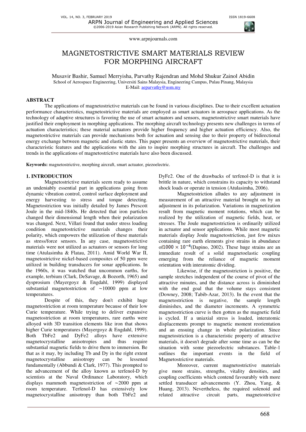 Magnetostrictive Smart Materials Review for Morphing Aircraft