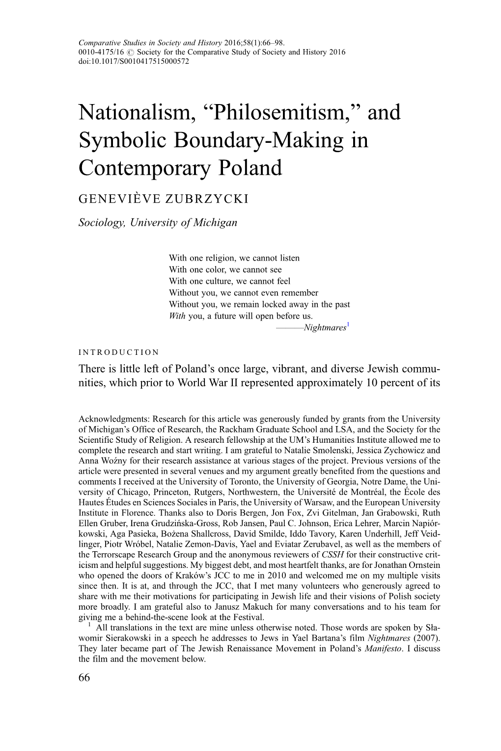 Nationalism, “Philosemitism,” and Symbolic Boundary-Making in Contemporary Poland