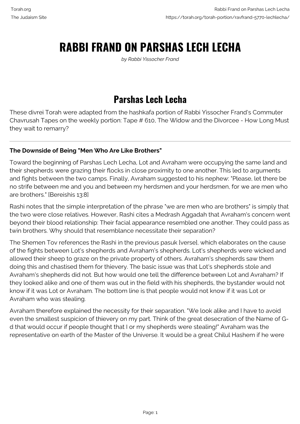 Rabbi Frand on Parshas Lech Lecha the Judaism Site