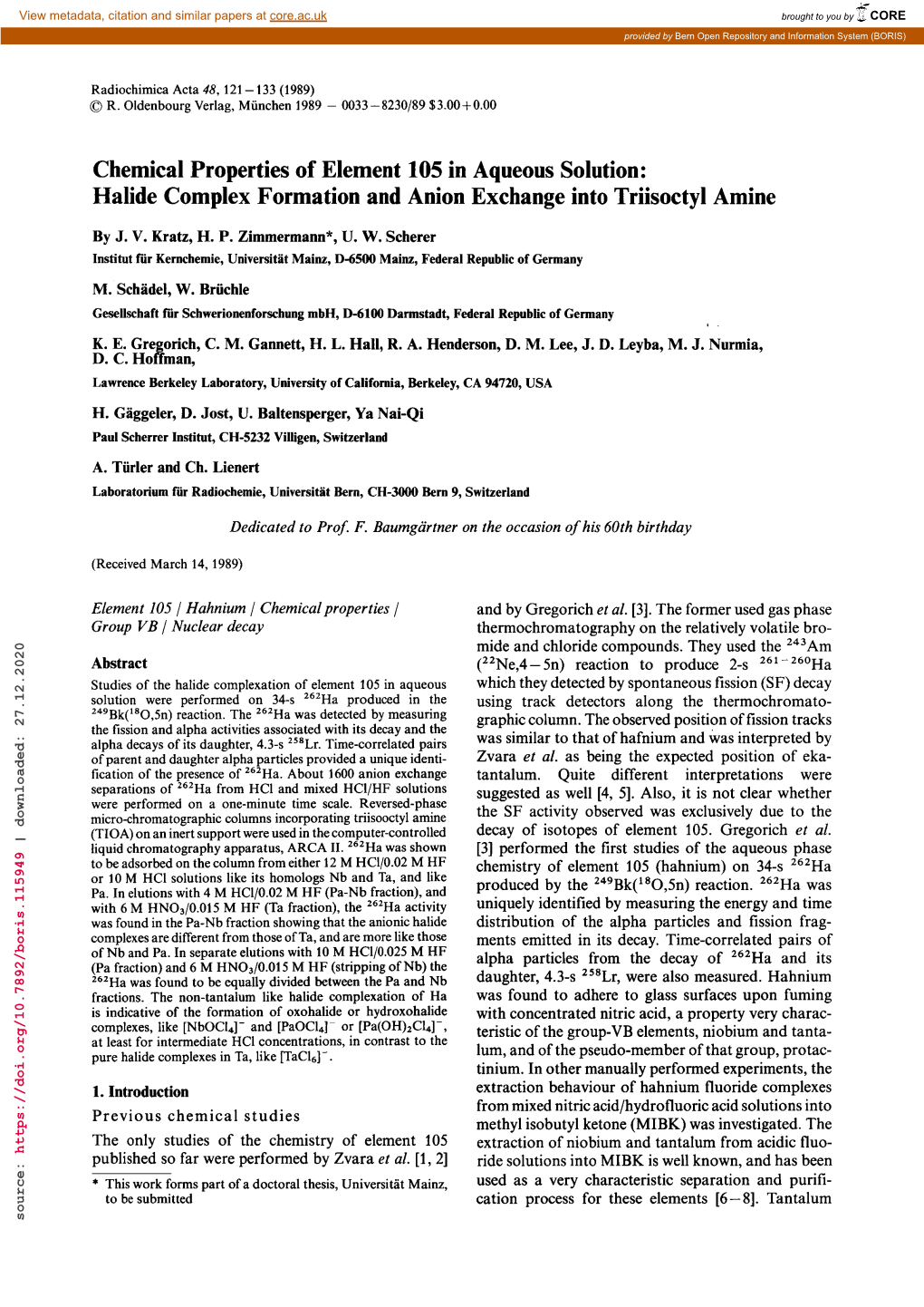 Chemical Properties of Element 105 in Aqueous Solution: Halide Complex Formation and Anion Exchange Into Triisoctyl Amine