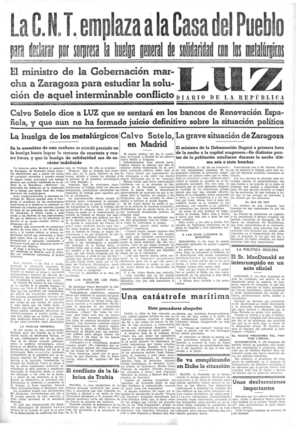 El Ministro De La Gobernación Mar- Cha a Zaragoza Para Estudiar La Solu- Ción De Aquel Interminable Conflicto DIARIO D E~L