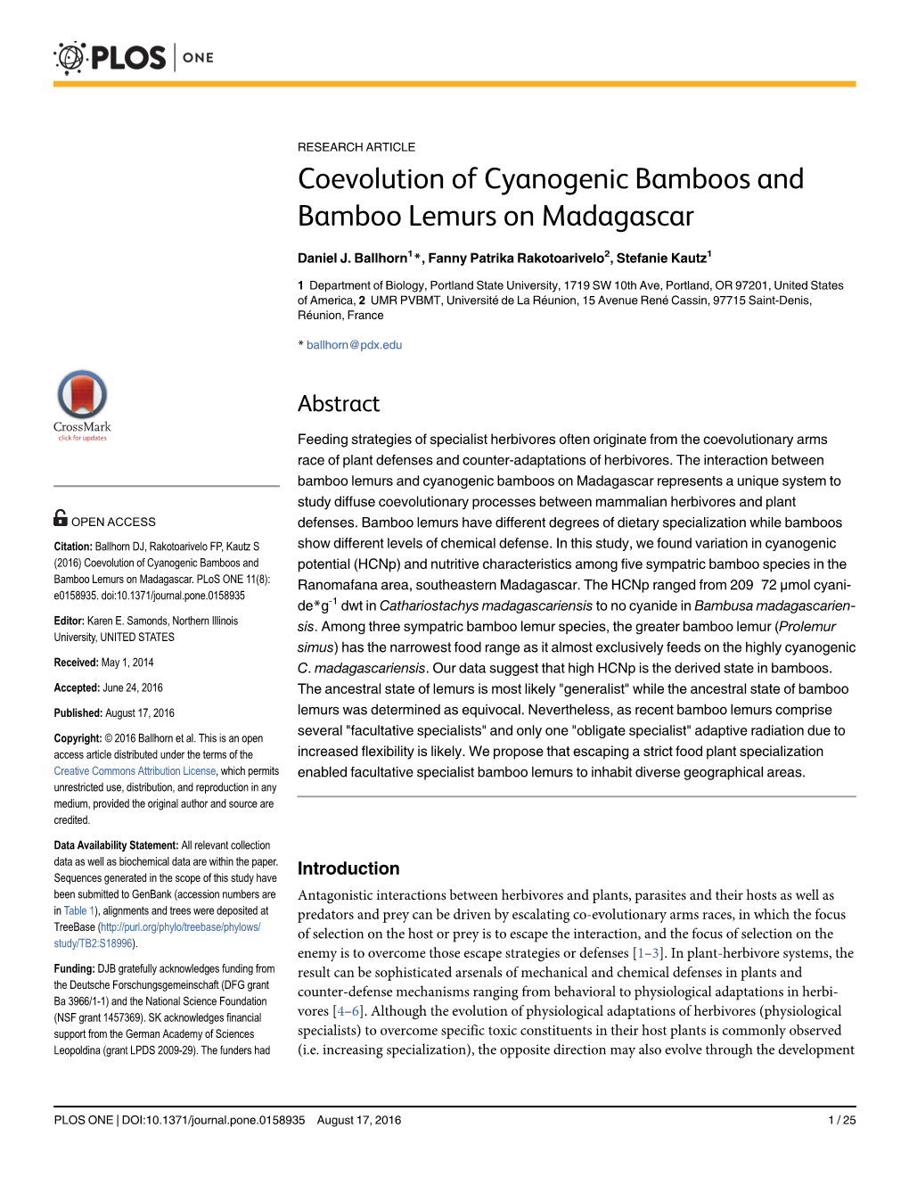Coevolution of Cyanogenic Bamboos and Bamboo Lemurs on Madagascar