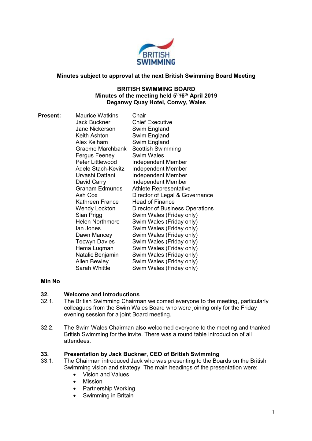 Minutes Subject to Approval at the Next British Swimming Board Meeting